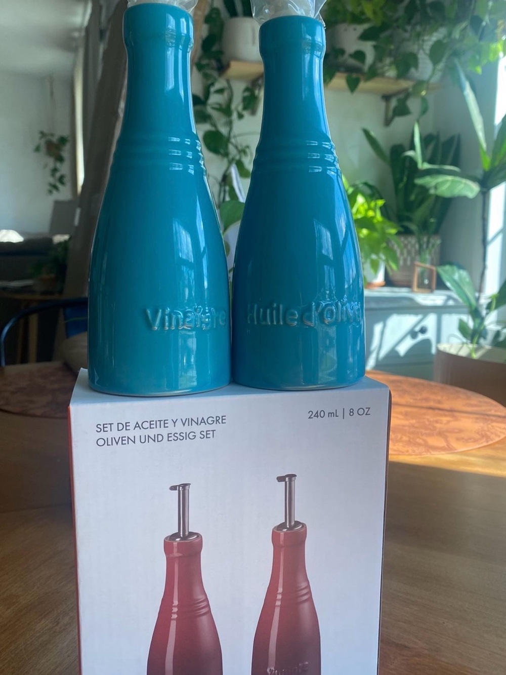 Turquoise Ceramic Olive Oil and Vinegar Bottle Set - 240 ml